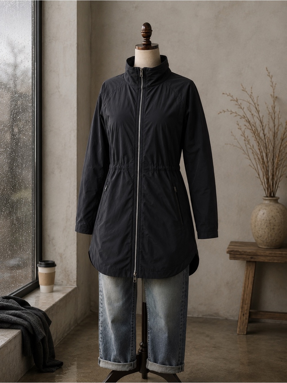 Athleta Long Hooded Rain Jacket Black Size Small Packable Hood